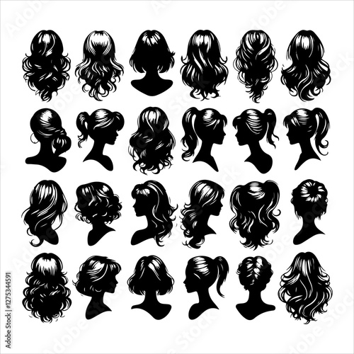 Set of women wigs hairstyle silhouette vector.  Variety female hairstyles vector illustration