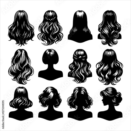 Set of women wigs hairstyle silhouette vector.  Variety female hairstyles vector illustration