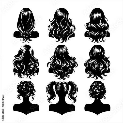 Set of women wigs hairstyle silhouette vector.  Variety female hairstyles vector illustration