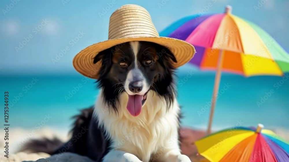 Adorable black and white border collie wearing a straw hat sitting on the beach with a colorful umbrella in the background, symbolizing summer fun, perfect for vacation and travel concepts