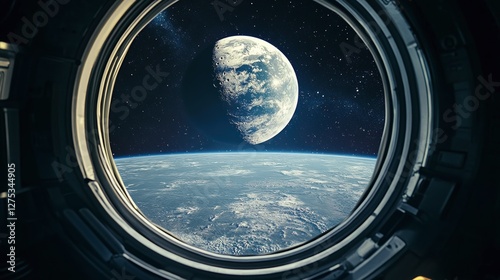 A stunning perspective of the Moon from a spacecraft window, with Earth in the background