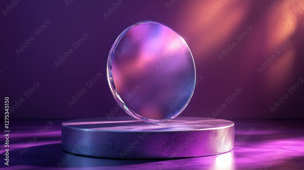 Obraz premium Glass disc, purple studio, neon light, product display