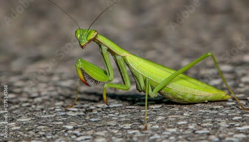 Green Praying Mantis on Gray Textured Surface