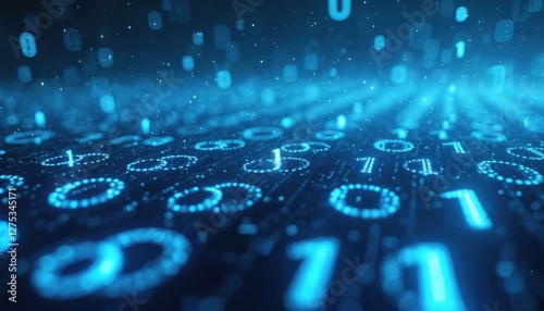 Close-up of binary code in glowing blue. Data stream cybersecurity, IT abstract background. Conceptual backdrop for computing, modern technology themes. Encryption, cyberspace, programming concept.