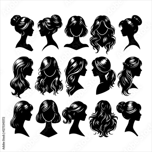 Set of women wigs hairstyle silhouette vector.  Variety female hairstyles vector illustration