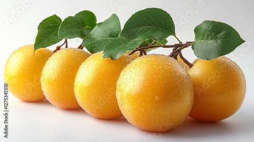 Group of Ripe Yellow Plums with Dewy Surface on Isolated White Background. Generative AI photo