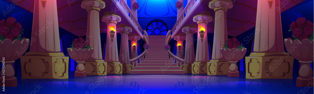 Fototapeta premium Luxury ballroom interior with marble staircase lit by burning torches at night. Path with columns and rose decorated flower vases, ornate window in mystical palace for fantasy game background.