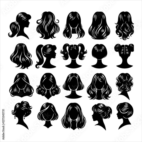 Set of women wigs hairstyle silhouette vector.  Variety female hairstyles vector illustration