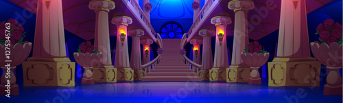 Luxury ballroom interior with marble staircase lit by burning torches at night. Path with columns and rose decorated flower vases, ornate window in mystical palace for fantasy game background.