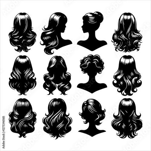 Set of women wigs hairstyle silhouette vector.  Variety female hairstyles vector illustration