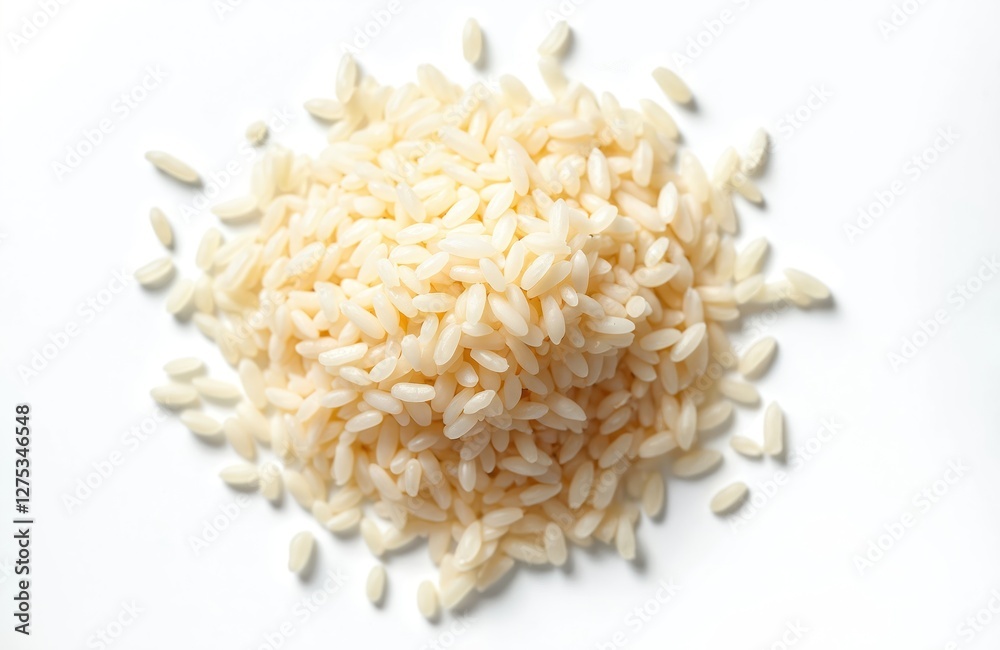 Top view of raw arborio rice pile. White uncooked grains close-up on white background. Ingredient for traditional risotto dish. Source of carbohydrates, healthy meal. Top view of raw arborio rice pile. White uncooked grains close-up on white background. Ingredient for traditional risotto dish. Source of carbohydrates, healthy meal.