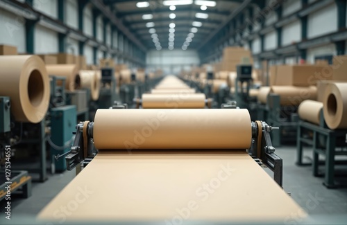 Automated corrugated cardboard production line in factory. Rolls of paper pulp, machinery, equipment for manufacturing of cardboard boxes, paperboard containers. Industrial automation processing