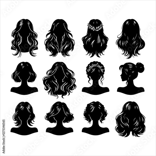 Set of women wigs hairstyle silhouette vector.  Variety female hairstyles vector illustration