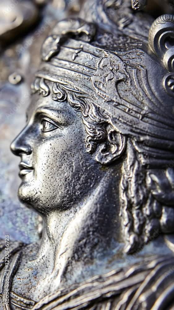Intricate silver relief of a classical figure showcasing artistry and craftsmanship from ancient times Intricate silver relief of a classical figure showcasing artistry and craftsmanship from ancient times