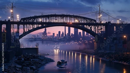 Urban river scene at dawn, under a steel bridge, with city skyline in the background.
