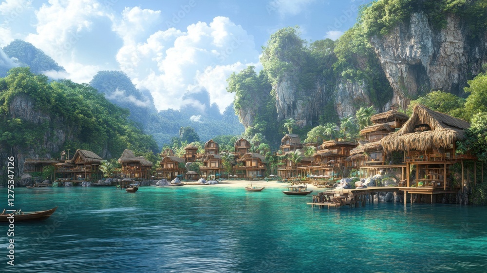 A picturesque tropical resort illustration with a vibrant coastline and serene ocean hues. A picturesque tropical resort illustration with a vibrant coastline and serene ocean hues.