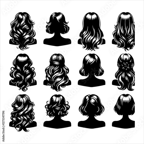 Set of women wigs hairstyle silhouette vector.  Variety female hairstyles vector illustration