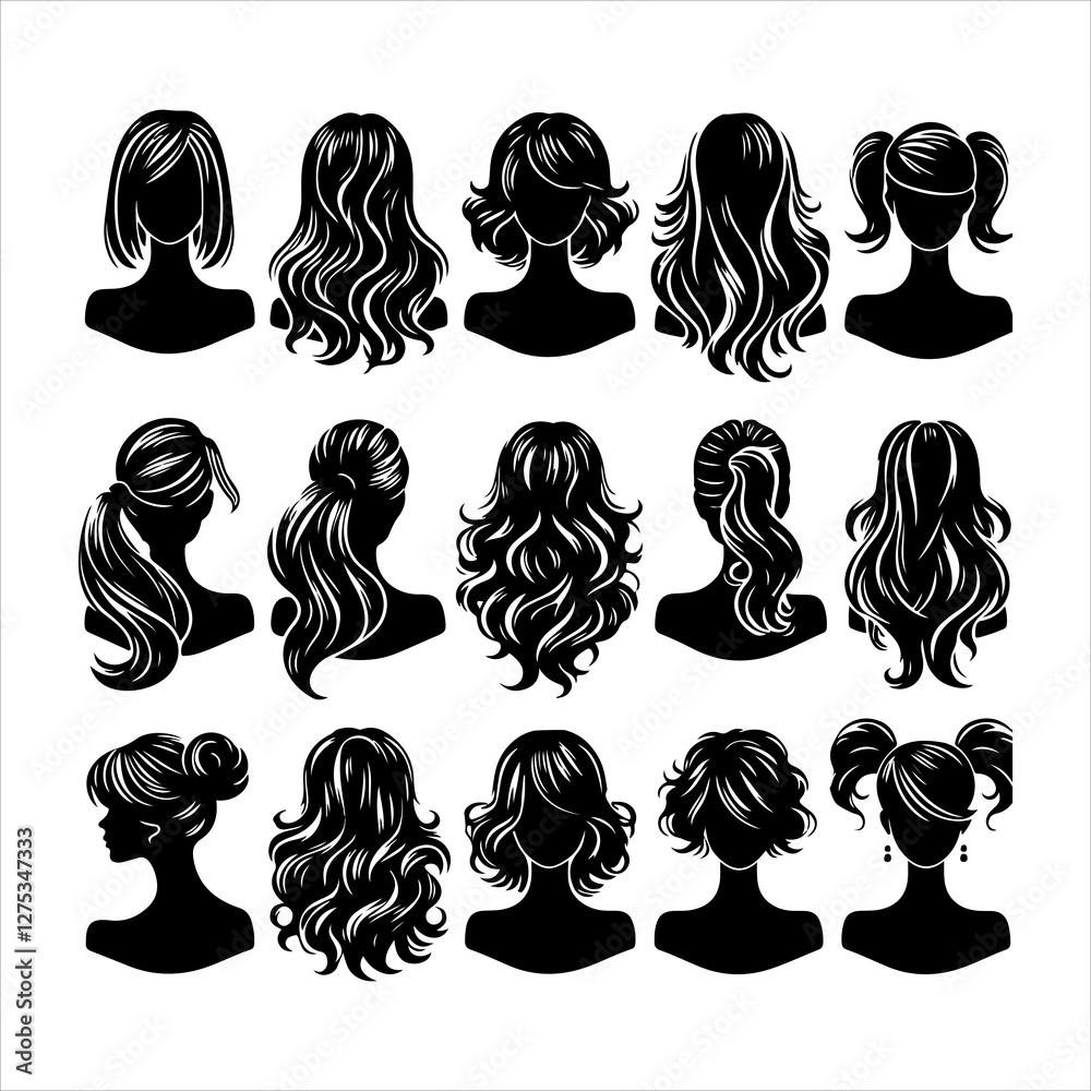 Set of women wigs hairstyle silhouette vector. Variety female hairstyles vector illustration Set of women wigs hairstyle silhouette vector. Variety female hairstyles vector illustration
