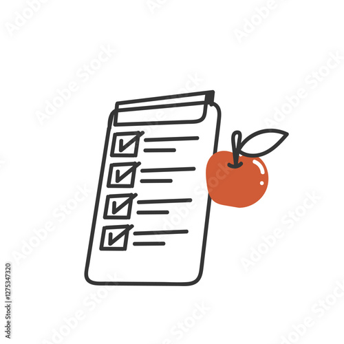 doodle clipboard document checklist and apple fruit illustration icon