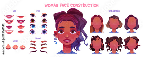 African woman face construction set isolated on white background. Vector cartoon illustration of female character avatar constructor, different color eyes, eyebrows, noses, lips, hairstyles for girl