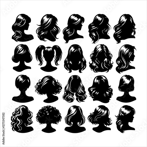 Set of women wigs hairstyle silhouette vector.  Variety female hairstyles vector illustration