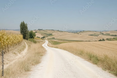 Gravel Road Through Golden Wheat Fields Under a Clear Blue Sky