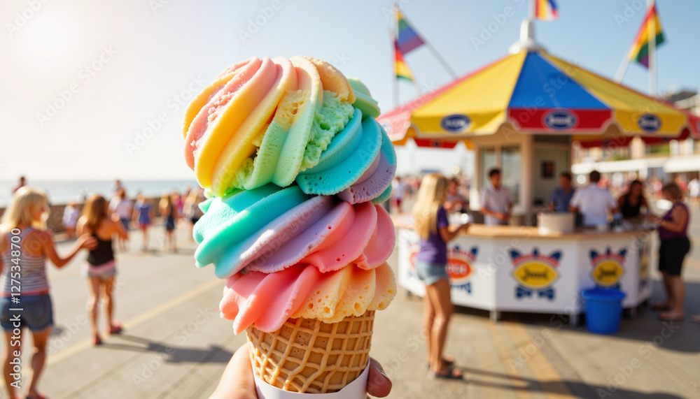 Fototapeta premium Vibrant rainbow ice cream cone held by a person on seaside boardwalk, summer delight