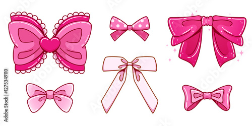 Coquette ribbon bows set isolated on white background. Vector cartoon illustration of y2k vintage hair accessory, pink decoration for romantic gift box, retro wedding or birthday card design element