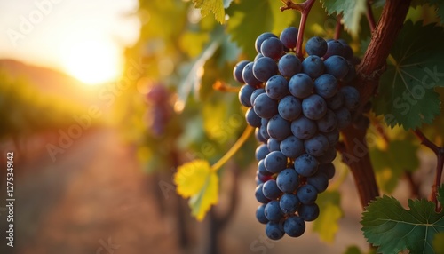 Close-up of ripe dark grapes bunch in California vineyard during sunset golden hour. Soft focus effect. Vine-growing agriculture, fruit harvesting, seasonal rural scene at grapevine plantation. photo