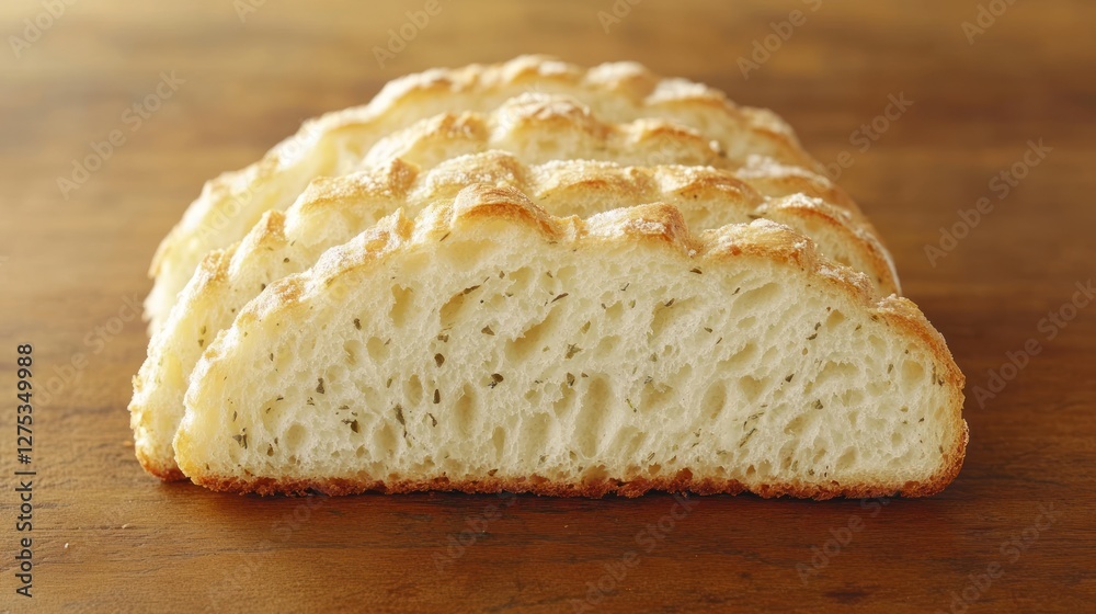 Sliced artisan bread with airy crumb and grid pattern on wooden surface. Sliced artisan bread with airy crumb and grid pattern on wooden surface.