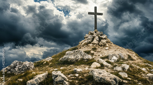 Two wooden crosses stand on a hilltop against a dramatic sky, representing faith and sacrifice.
