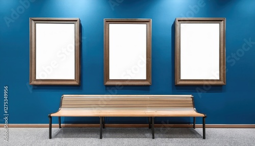 Timeless Elegance A Vintage Wooden Frame Mockup Poster against a Blue Museum Wall, Accented by a Stylish Bench and an Air of Antiquity, Perfect for Art or Design Inspiration.