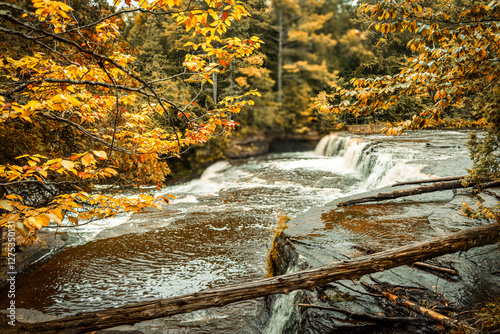 Autumn landscape of Tahquamenon Falls, Michigan, featuring cascading waterfalls surrounded by golden fall foliage. The vibrant orange and yellow leaves frame the rushing water. photo