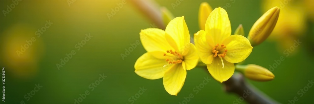 Delicate yellow flowers blooming in a tree branch, petals unfolding like tiny trumpets, flores silvestres, arbusto, tono c?lido Delicate yellow flowers blooming in a tree branch, petals unfolding like tiny trumpets, flores silvestres, arbusto, tono c?lido