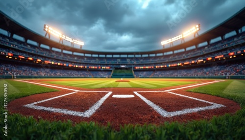Low angle view of baseball field at dusk with dramatic cloudy sky. Home plate, infield, outfield, stadium in background. Arena with grass, dirt, lights, crowd in the stadium.