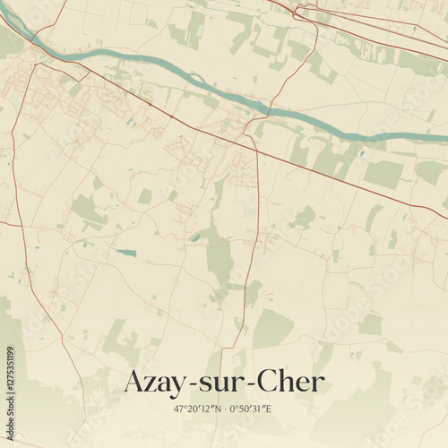 Vintage map of Azay-sur-Cher, France.