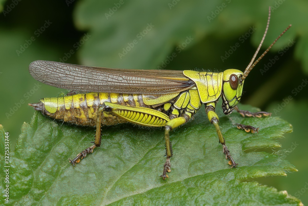 Green Grasshopper on Dew Covered Leaf Close Up Green Grasshopper on Dew Covered Leaf Close Up
