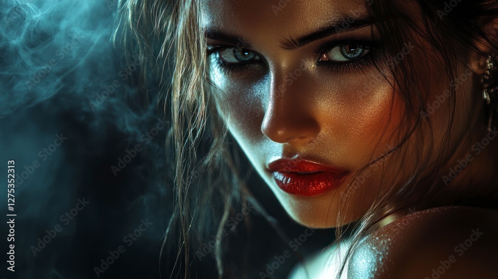 Naklejka premium Captivating Portrait of a Confident Woman with Striking Features Against a Dramatic Background