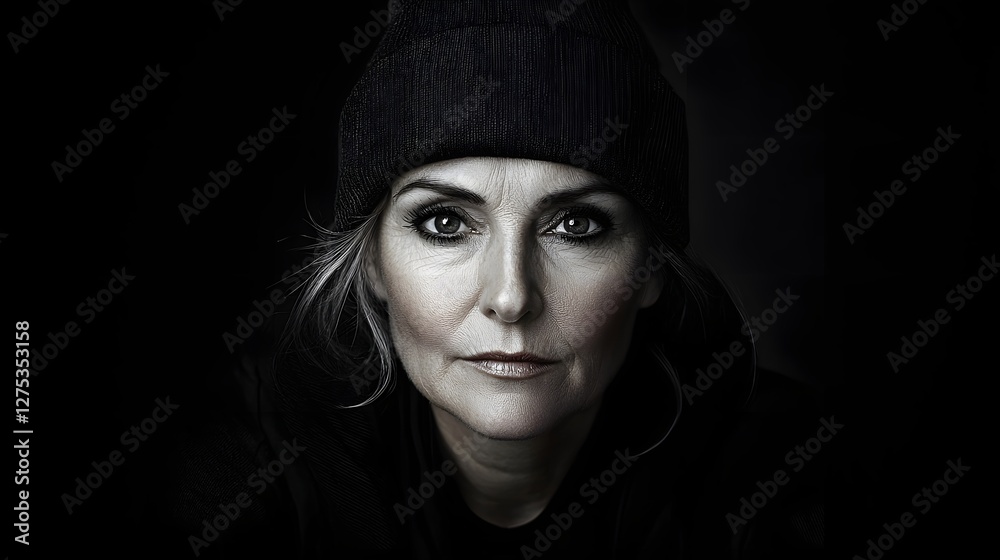 Dramatic black and white portrait of a woman with a determined piercing gaze her face partially lit symbolizing inner strength and resilience The minimal background allows for ample copy space Dramatic black and white portrait of a woman with a determined piercing gaze her face partially lit symbolizing inner strength and resilience The minimal background allows for ample copy space