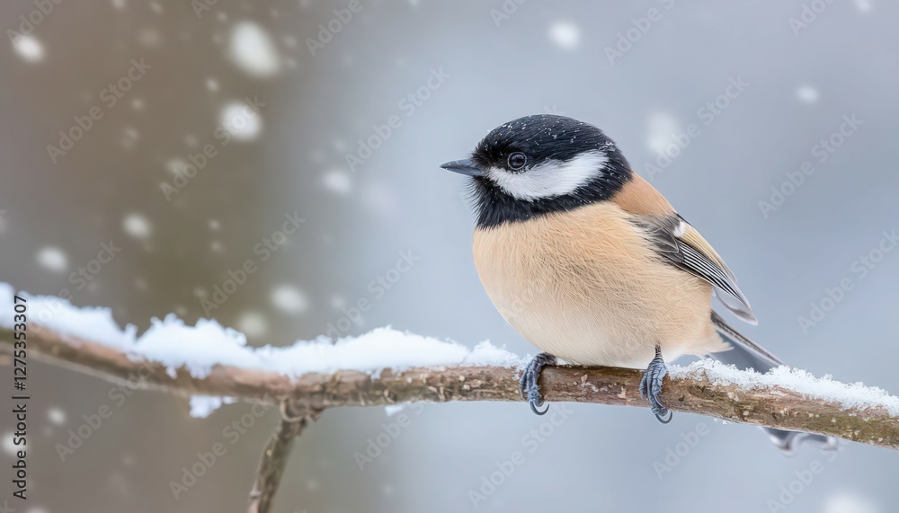 Small Brown Bird on Snow Covered Branch in Winter Snowfall Small Brown Bird on Snow Covered Branch in Winter Snowfall