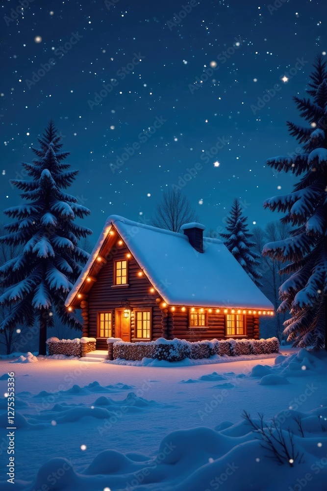 Fototapeta premium Cozy snow-covered cottage under starry night sky with twinkling Christmas lights, night, decorations, christmas