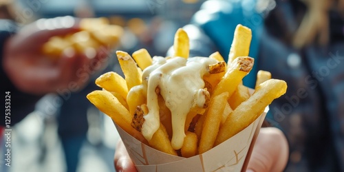 Hand holding paper cone of french fries with mayonnaise in holland photo