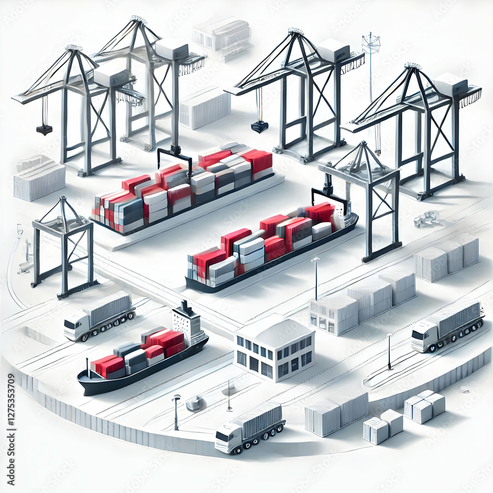 A minimalist illustration of a shipping container being transported by truck for international export. The white background focuses on logistics, transportation, and efficient product delivery. A minimalist illustration of a shipping container being transported by truck for international export. The white background focuses on logistics, transportation, and efficient product delivery.
