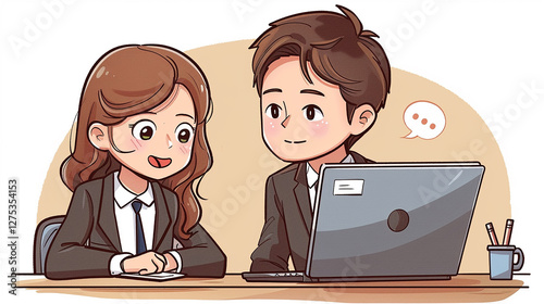 Cartoon business people working together on  laptop 