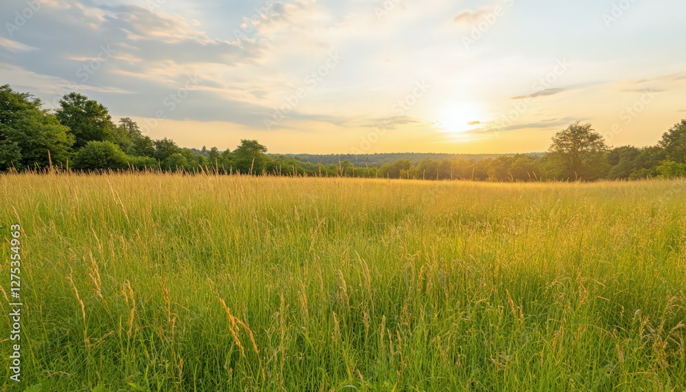 Fototapeta premium Golden Sunlight Over Grassy Field With Lush Green Trees and Blue Sky Landscape