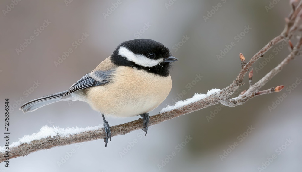 Small Bird on Snow Covered Branch in Winter Small Bird on Snow Covered Branch in Winter