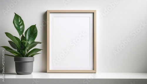 Minimalist Frame Mockup Showcasing a Poster Against a White Backdrop with Greenery and Plant Decoration Simple Elegance Amidst Natures Freshest Elements photo