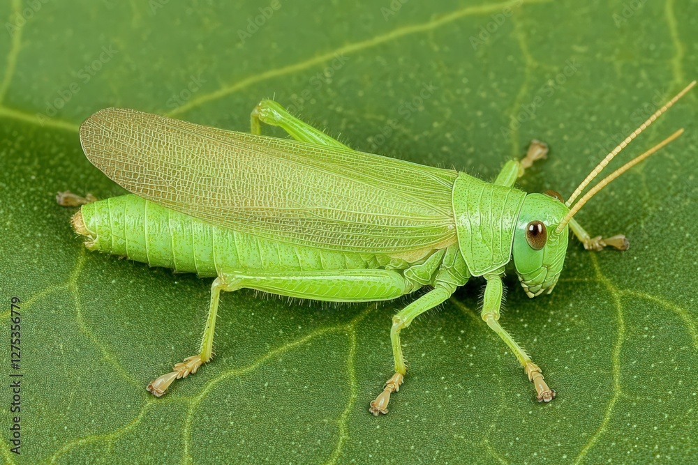 Vibrant Green Grasshopper on Textured Leaf Macro Photography Vibrant Green Grasshopper on Textured Leaf Macro Photography