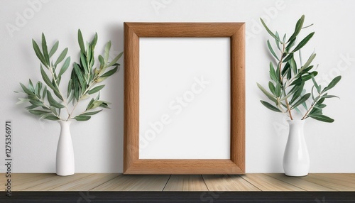 Verdant Olive Tree Branches Against a Minimalist Vertical Wooden Frame on White Backdrop Tranquil Scene of Nature Perfect for Digital Art, Home Decor, or Design Inspiration