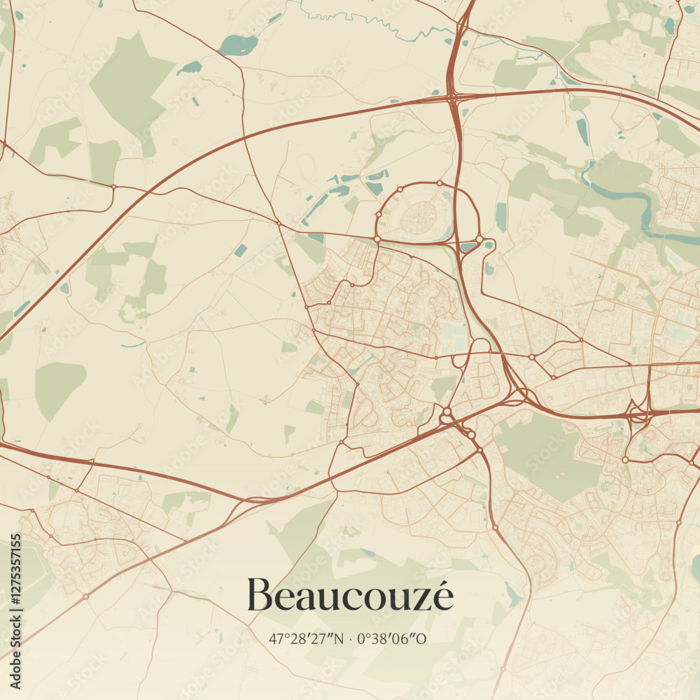 Fototapeta premium Vintage map of Beaucouzé, France.